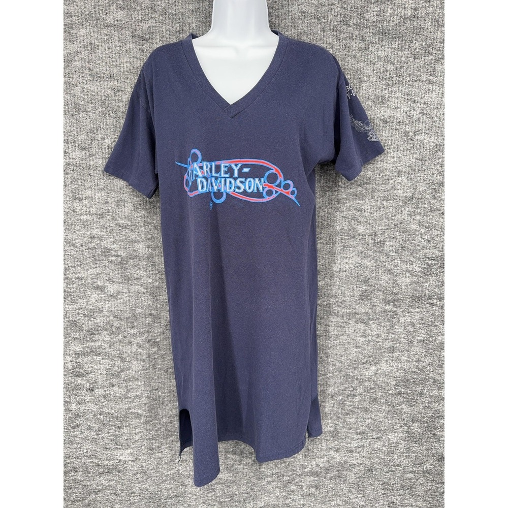 Vintage Harley Davidson Dress Womens XL Blue V Neck Jerzees Graphic‎ Tee Biker
